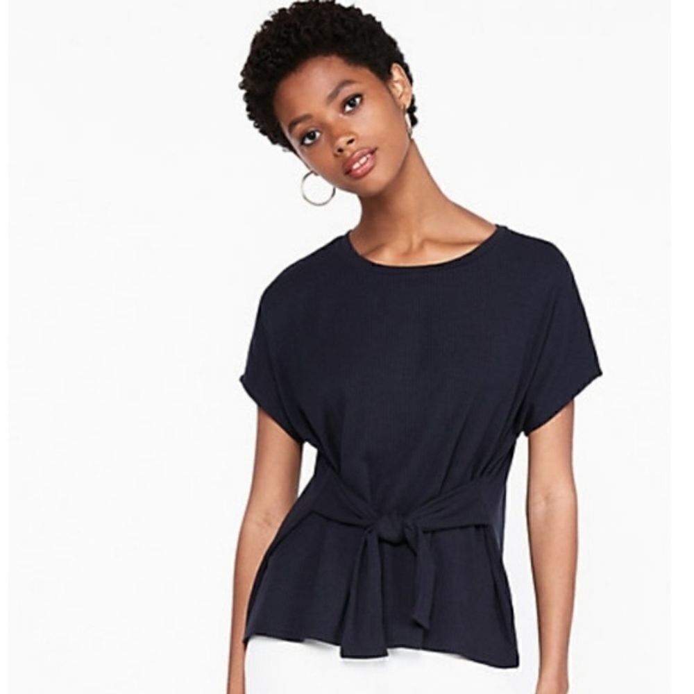 Express Navy Blue Ribbed Tie Front Tee Top XS